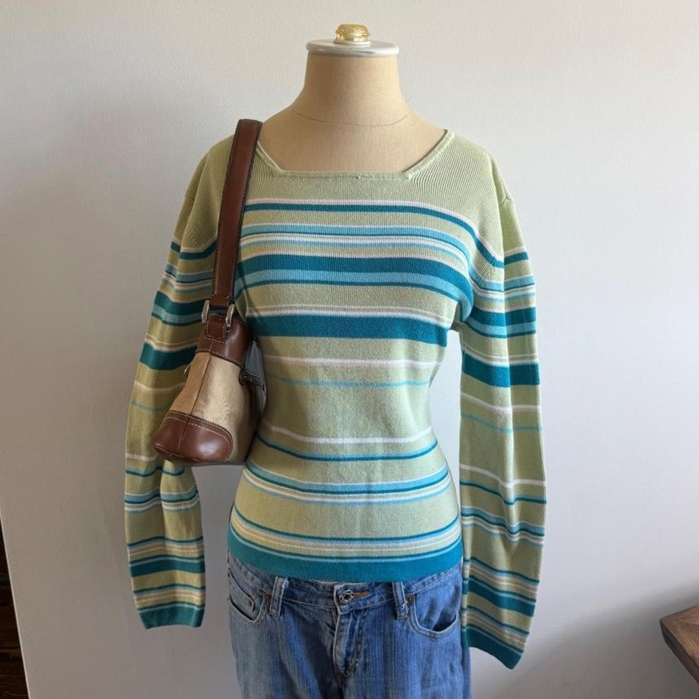Y2K Croft & Barrow green and blue striped 100% cotton fitted sweater